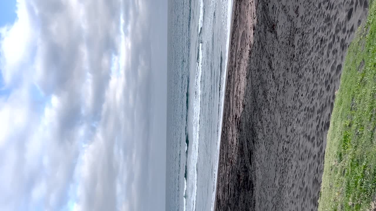 fotografía vertical de un cielo azul y nublado que se superpone a las olas del mar, con una playa fangosa y hierba verde exuberante en primer plano