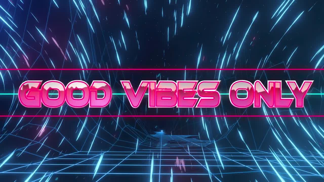 Animazione di testo "good vibes only", linee che si muovono in moto circolare su montagne sullo sfondo