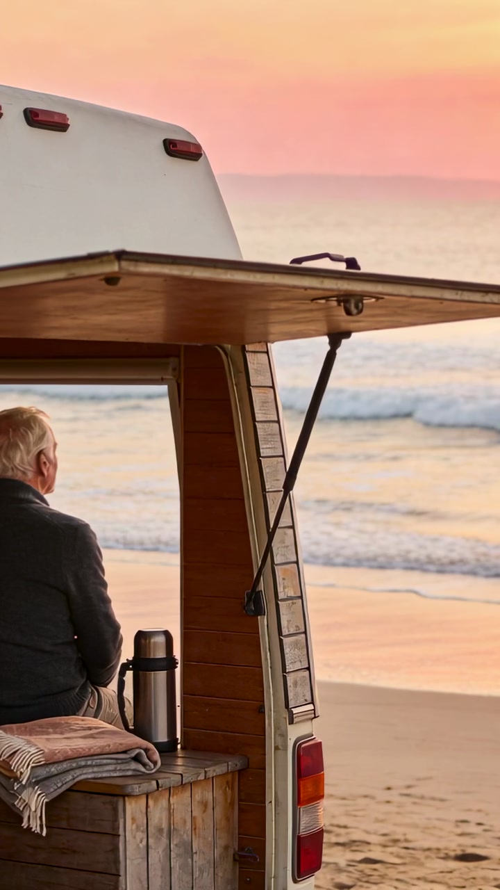 Vertical video: Sunset drawing man in coat watching ocean from van rear at beach, flask, copy space