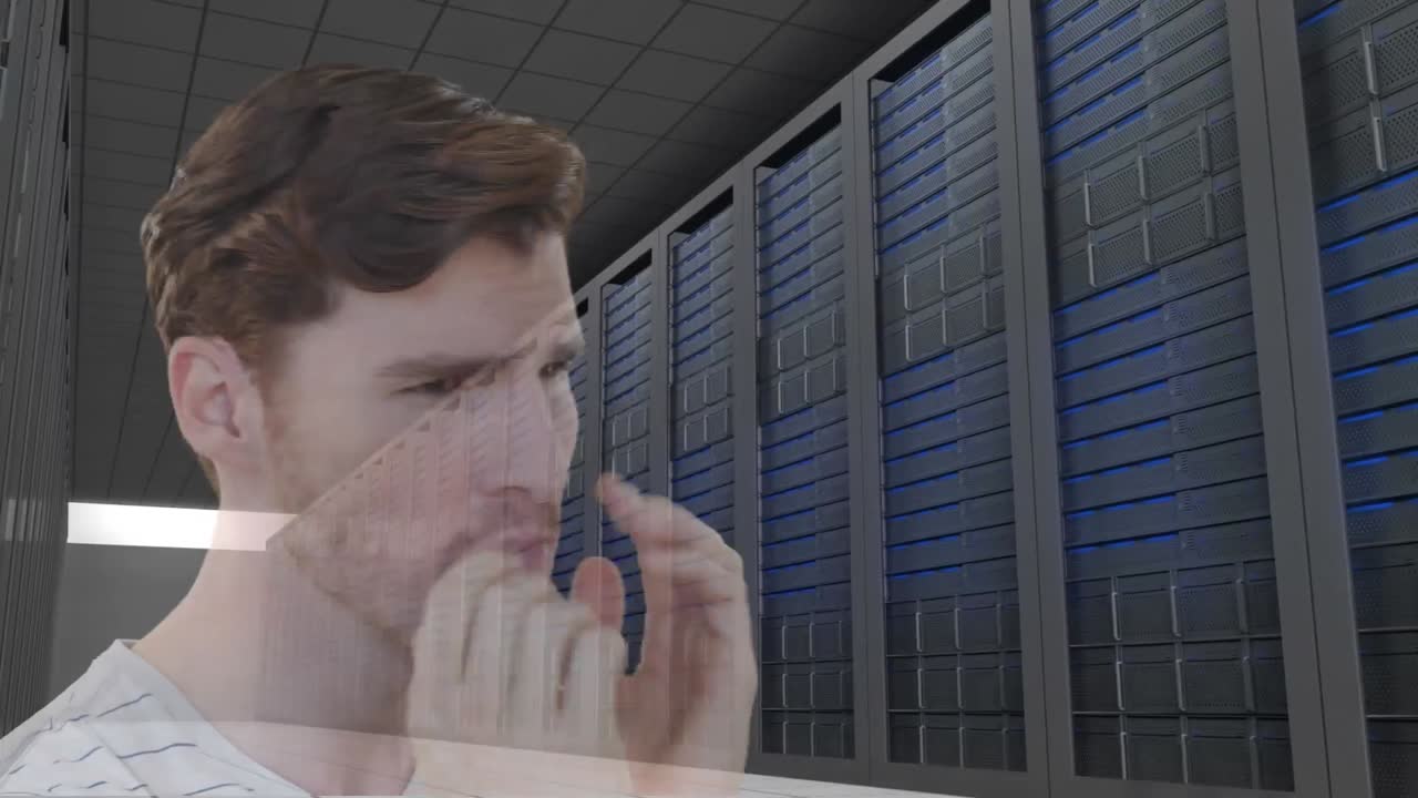 animación de un hombre de negocios preocupado y servidores de computadora