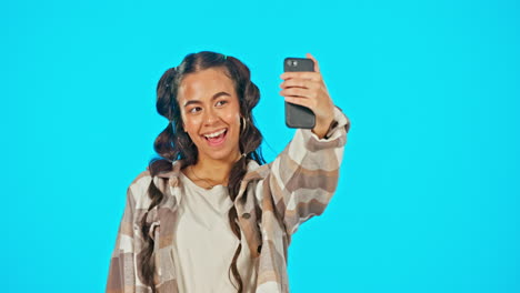 Woman,-selfie-and-pose-with-funny-face