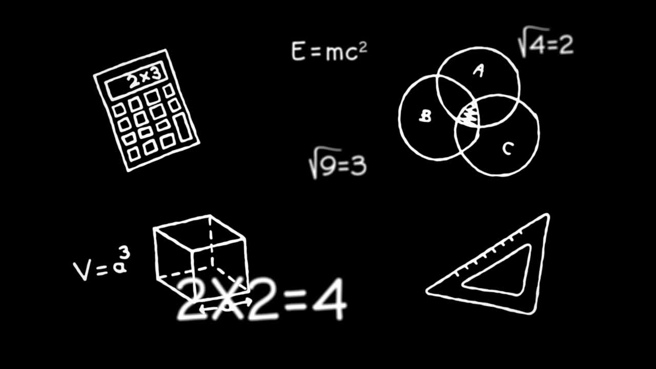 Mathematical icons against black background