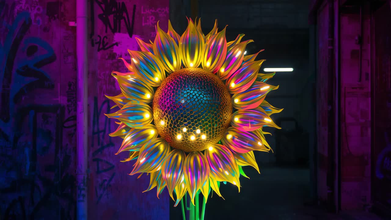 Neon Sunflower in Urban Alleyway