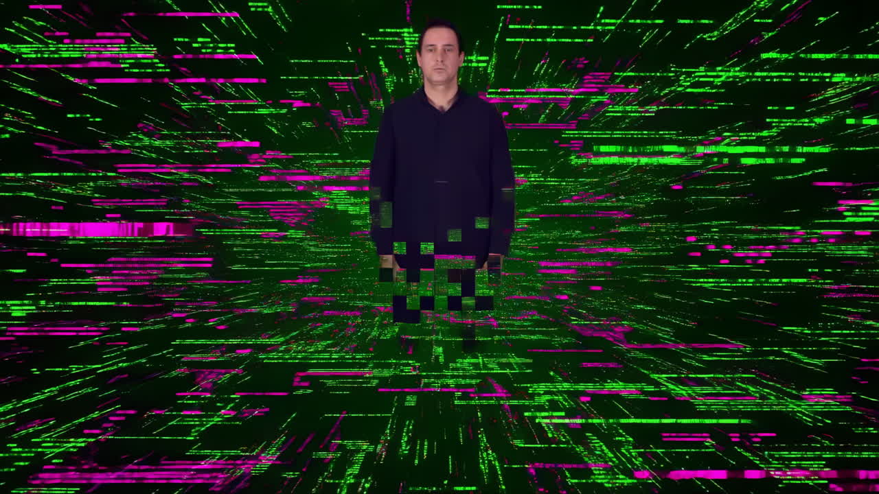 Man die glitchend verdwijnt in een cyberdata-omgeving