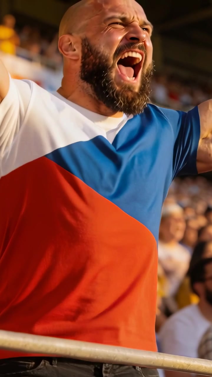 Video vertical: Agarrando barandilla metálica después del partido, aficionado con camiseta de color apretando los puños, animando en primera fila.