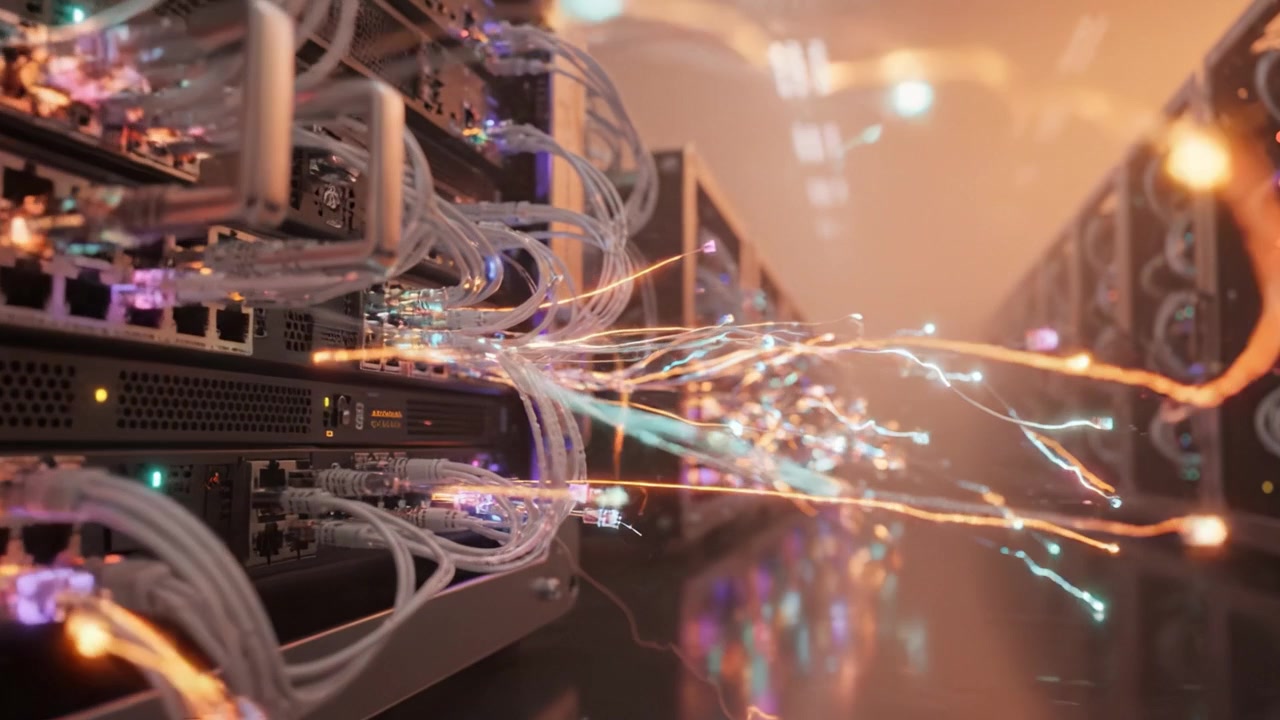 A Glimpse into a Data Center: High-Tech Server Racks with Vibrant Cables and Lights Creating an Immersive Atmosphere of Modern Computing Technology