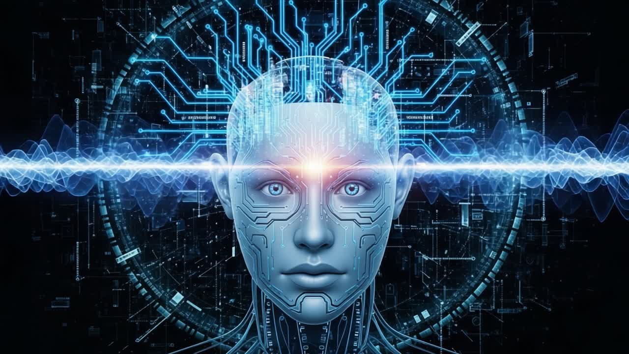 Exploring the Intersection of Technology and Humanity: A Futuristic Representation of Artificial Intelligence with Digital Brainwave Patterns and Circuitry