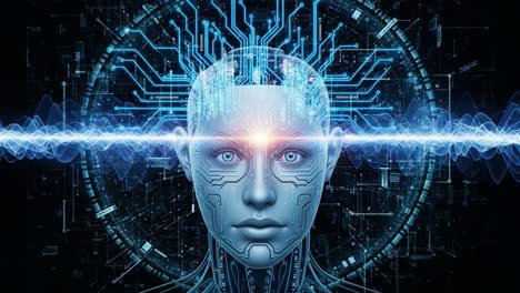 exploring the intersection of technology and humanity: a futuristic representation of artificial intelligence with digital brainwave patterns and circuitry