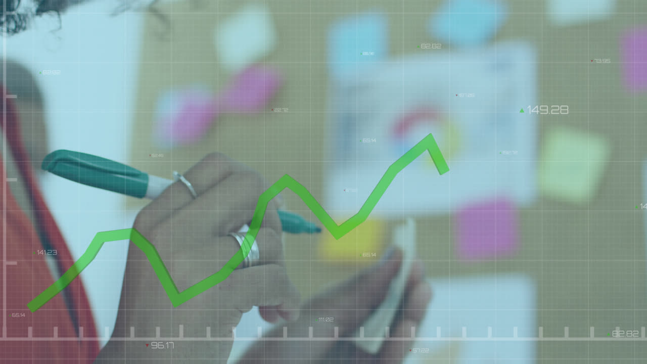 animación de una interfaz digital que muestra estadísticas con una mujer en la oficina escribiendo en una pegatina