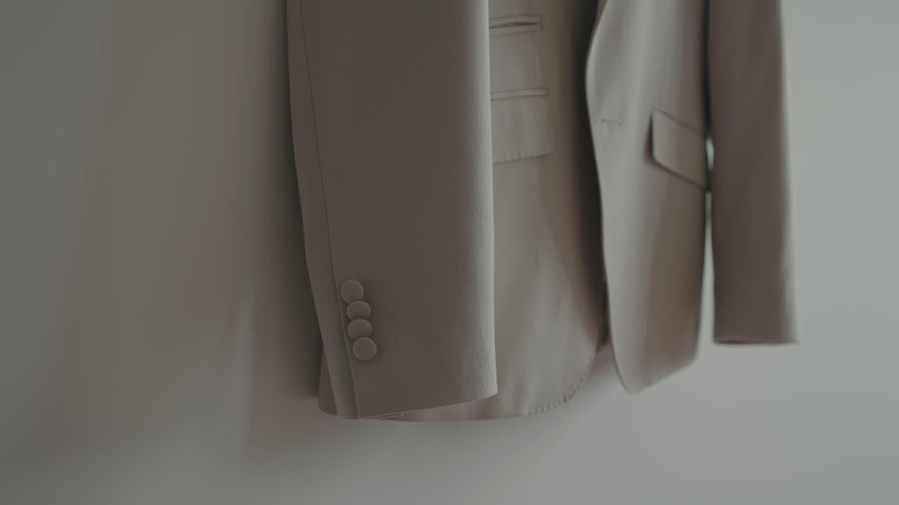 Manica di giacca da sposo beige con bottoni appesa a una parete chiara
