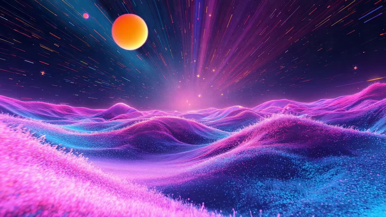 Camera gliding through particle dunes with radial beams before orange sphere entering and drifting