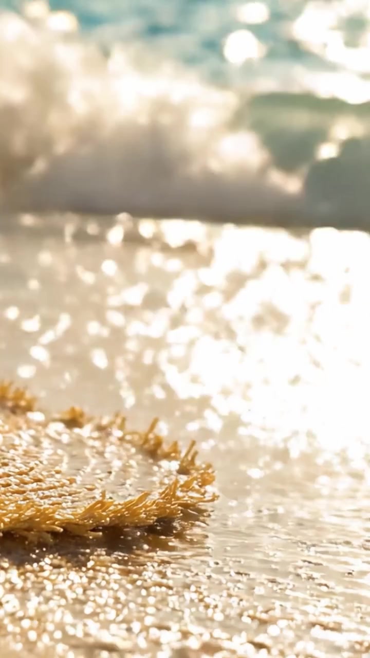 Una serena scena da spiaggia che mostra un delicato organismo marino adagiato su sabbie dorate, illuminato dalla luce del sole e accarezzato da dolci onde oceaniche sullo sfondo, creando un'atmosfera tranquilla.