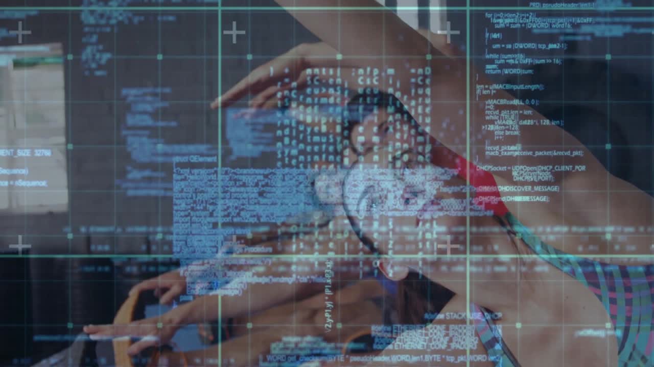 Fitness group doing in-sync reaches on mats starting grips, with code overlaying frame for warmup