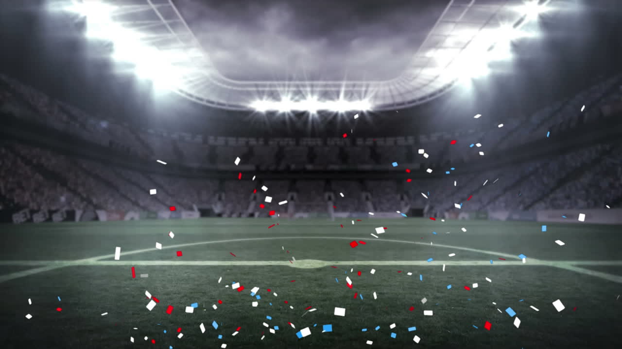 스포츠 경기장 위로 떨어지는 파란색과 빨간색 콘페티의 애니메이션