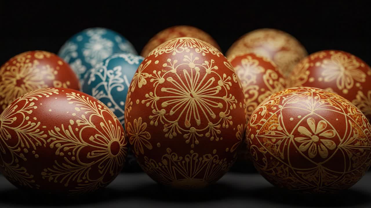 A Beautiful Collection of Decoratively Crafted Easter Eggs Displaying Intricate Patterns and Vibrant Colors Against a Dark Background