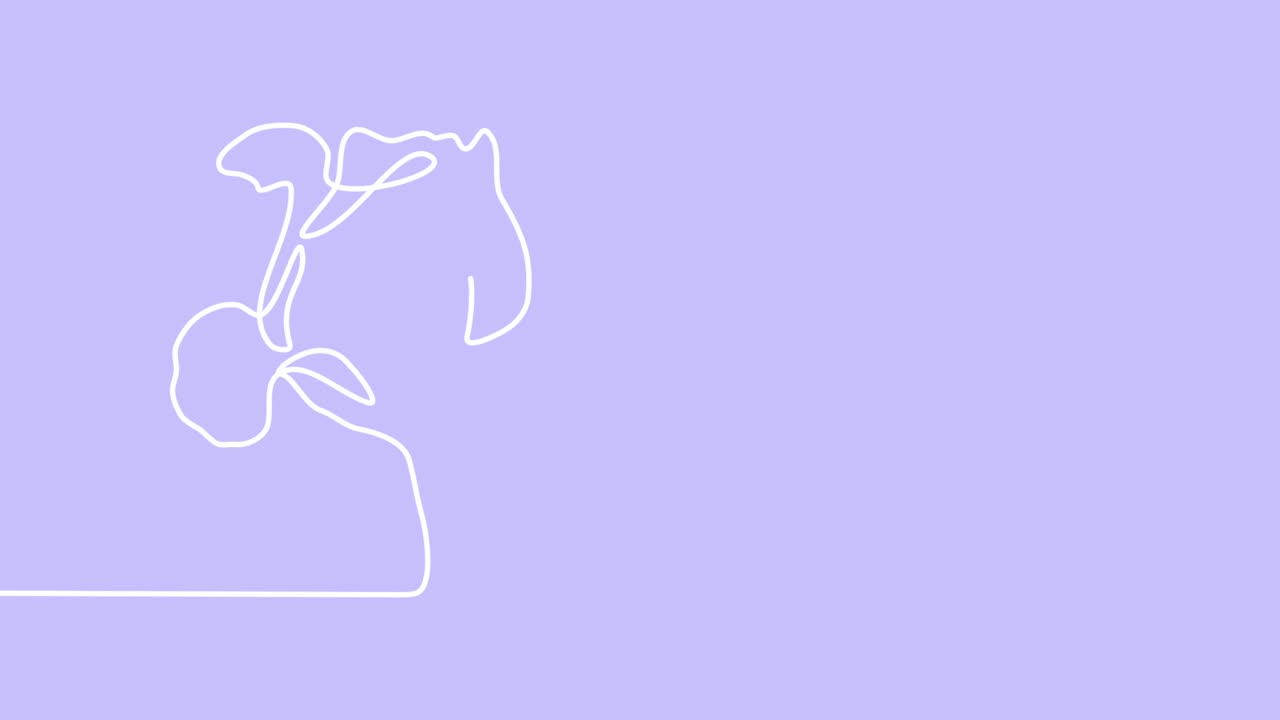 꽃 실루: 연속적인 한 줄 그림, 보라색 바탕에 아름다운 립 꽃, 자기 그림 애니메이션, 손으로 그려진 꽃 식물, 간단한 디자인, 예술, 성장 개념.