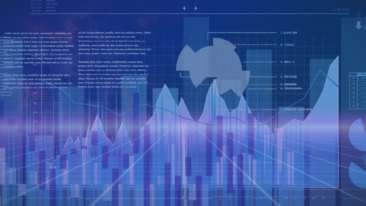 Animation of data processing and statistics moving on blue background