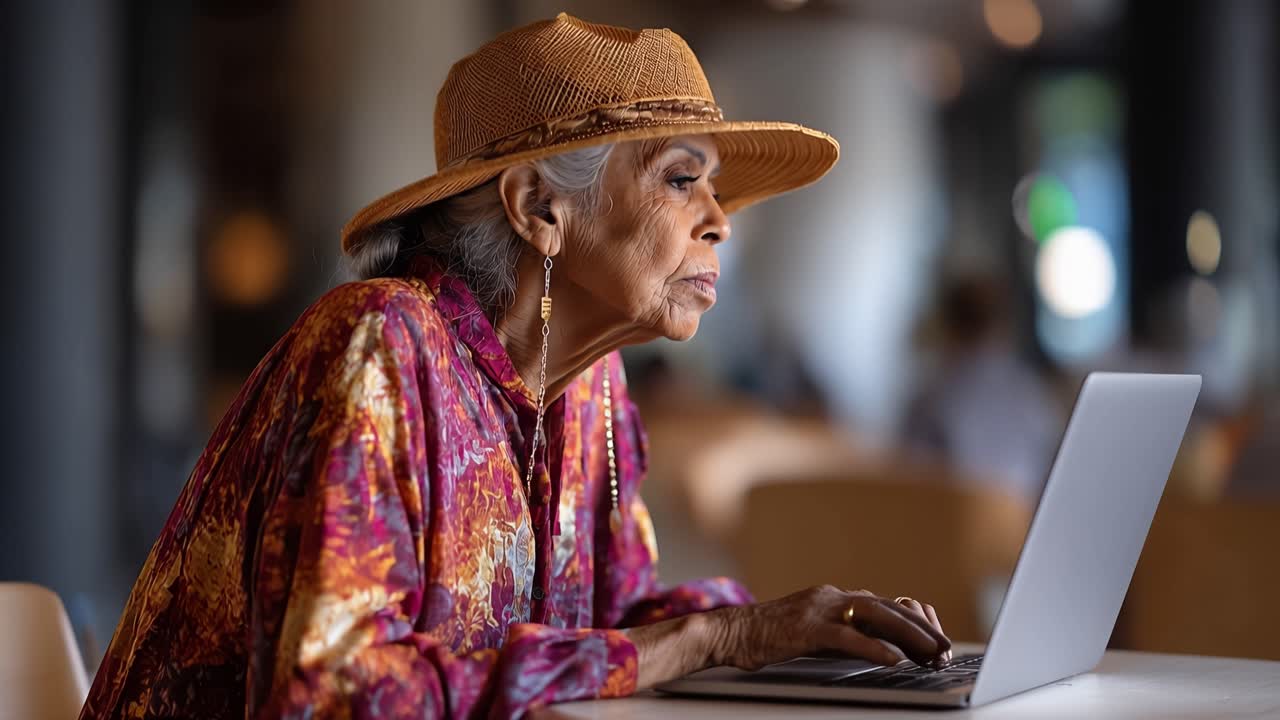 Elderly woman wears hat, colorful blouse. She types calmly on laptop, focused. Soft light illuminates her thoughtful face. Cozy cafe setting, blurred background. Digital access, wisdom