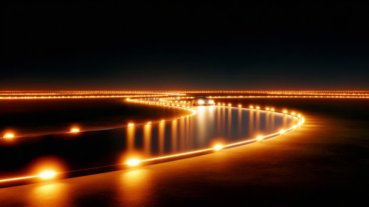 A Serene Nightscape of Glowing Orbs Reflecting on a Curved Body of Water, Illuminating the Surrounding Darkness with a Mesmerizing Display of Lights and Tranquility, Captured in Stunning Detail