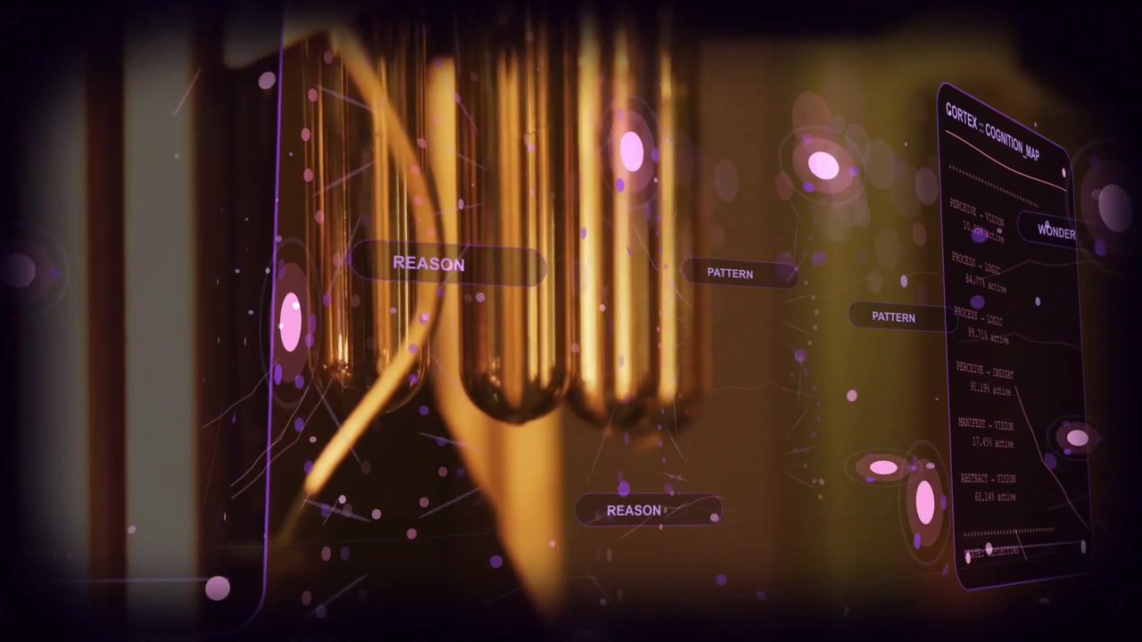 Camera panning, gold tubes revealing tech unit, UI panels showing PATTERN and REASON for analysis