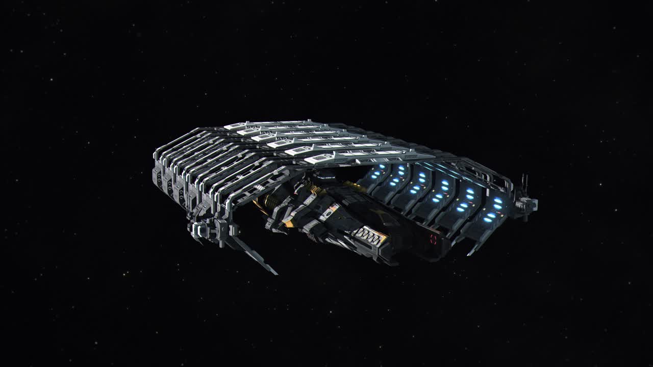 미래의 우주선이 우주 도크에서 출발합니다.