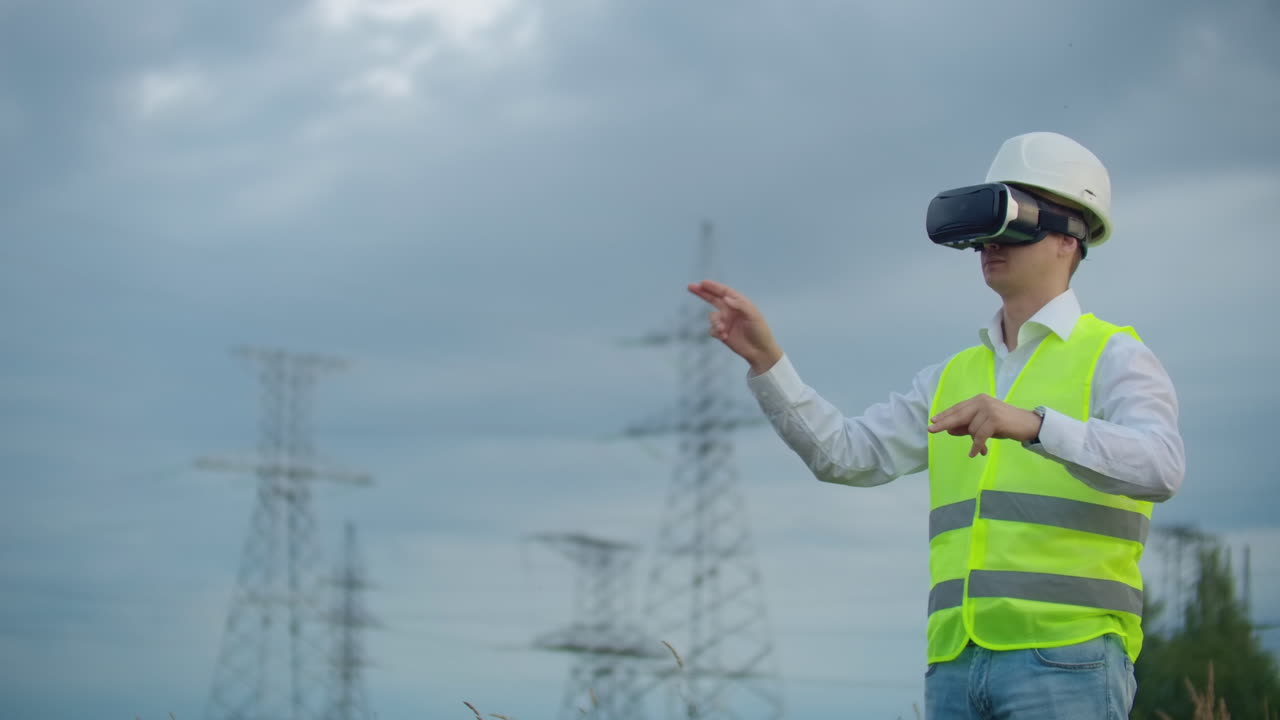 Middle plan male energy engineer in virtual reality glasses and white helmet on the background of high-voltage power line towers.