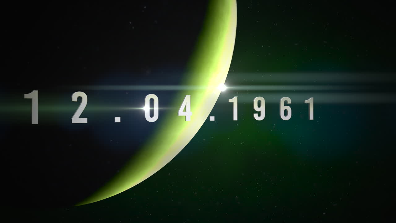 12.04.1961 con planeta verde y estrellas en galaxia