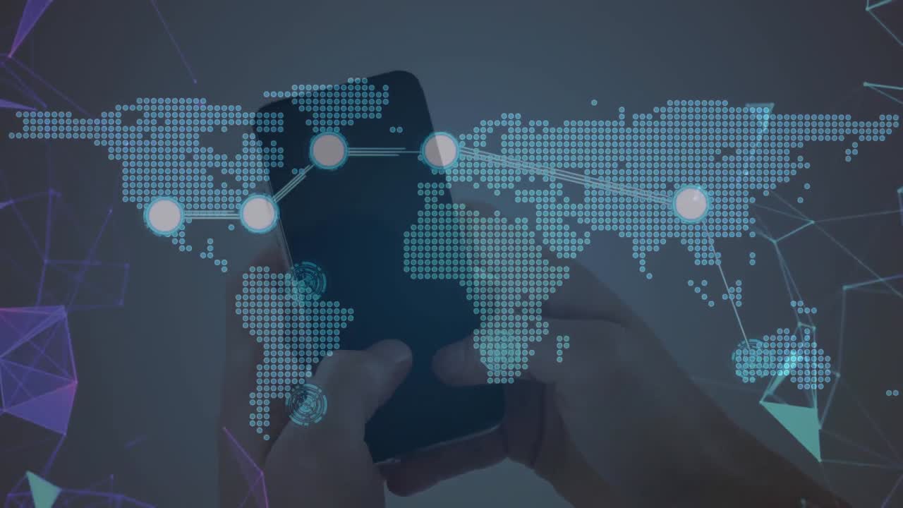 animación de una red de iconos digitales y un mapa sobre el hombre utilizando un teléfono inteligente