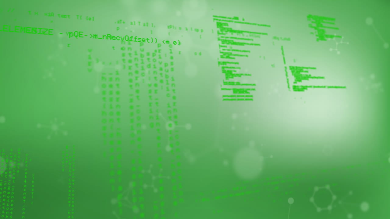 Animation of green digital code floating over abstract background in school setting