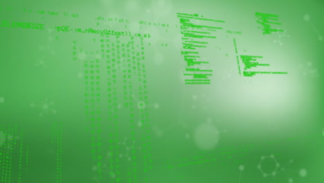 animation of green digital code floating over abstract background in school setting