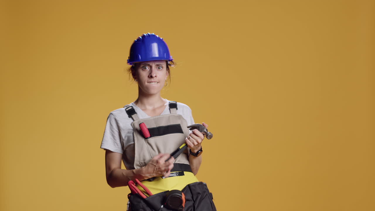 Portrait of silly contractor playing air guitar with hammer