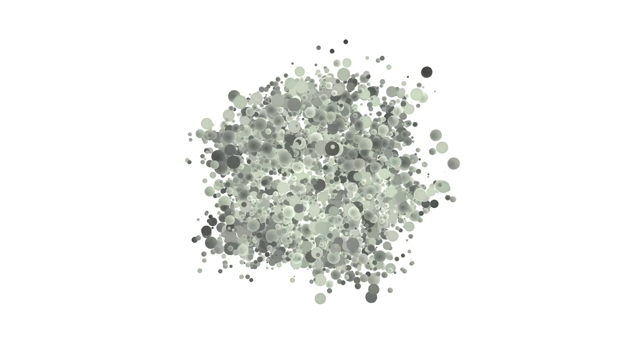 Formazione sferica rotante simile a una nuvola di bolle grigie organiche su sfondo bianco per la visualizzazione dei dati.