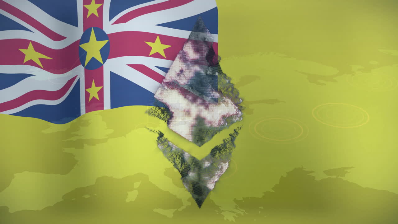 Niue flag with Ethereum logo animation over yellow background with map