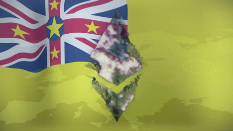niue flag with ethereum logo animation over yellow background with map