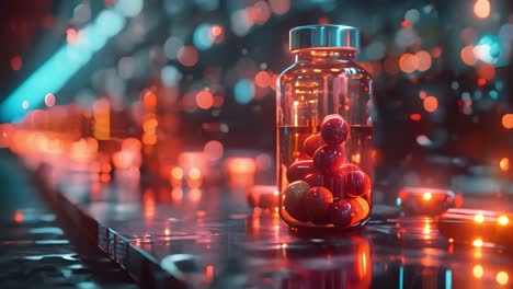 red pills in a futuristic pharmaceutical setting