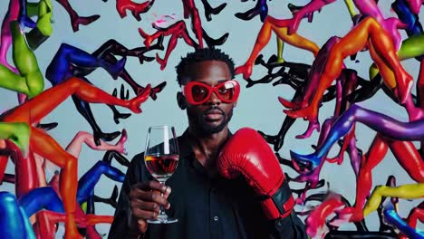 hombre elegante con guantes de boxeo y vaso de vino
