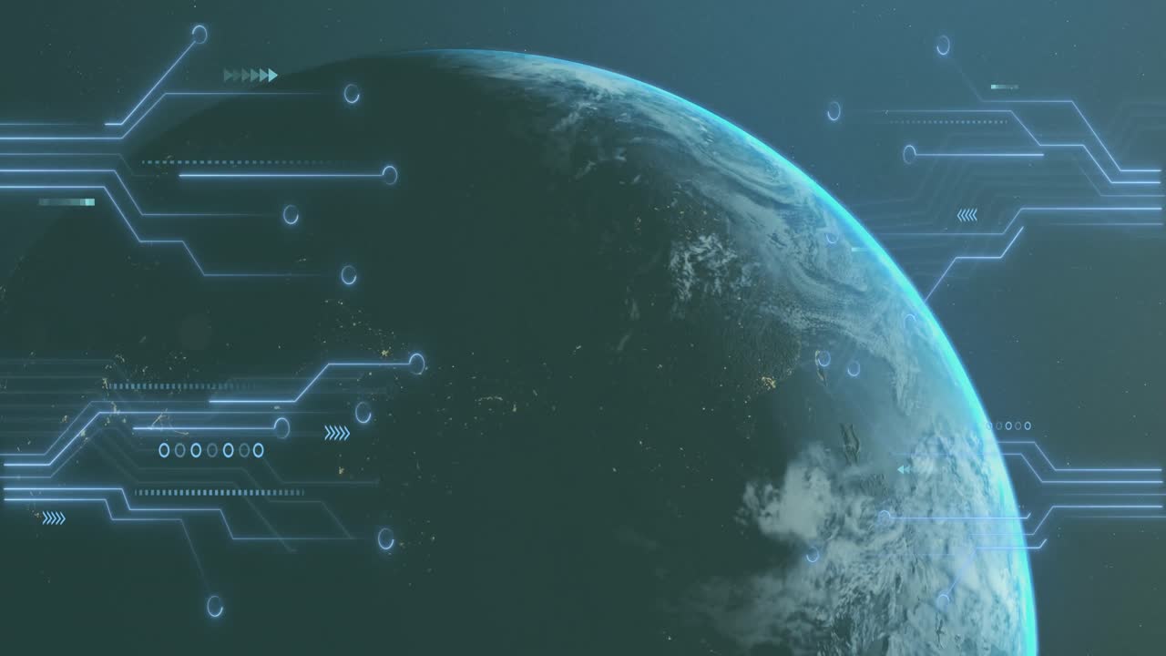 Animation of data processing and circuit board over planet earth