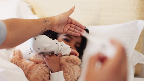 hand, thermometer and daughter with fever