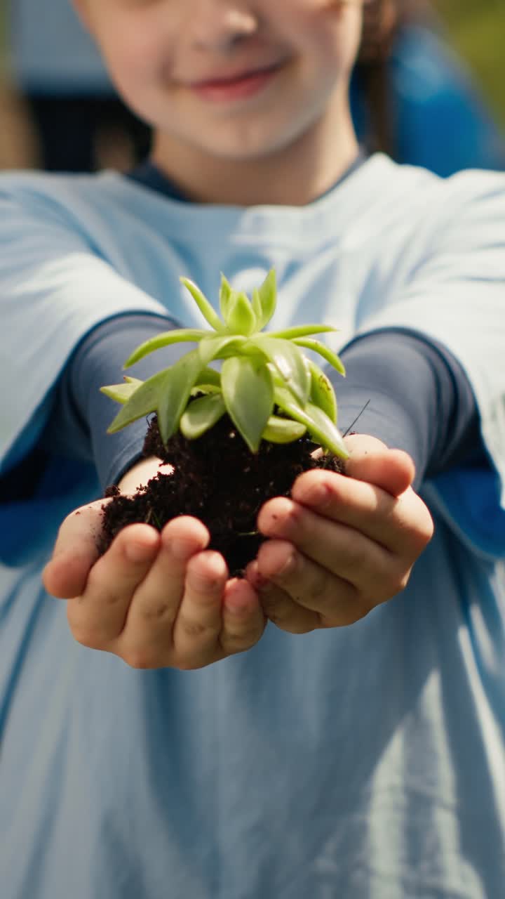 Niño sujetando una planta pequeña con tierra en las manos ahuecadas