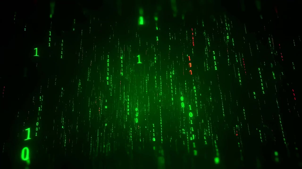 Dense curtain of luminous green digits and pixel trails flows through deep black space, with tall vertical bands, soft halos and scattered dots forming moody futuristic digital scene