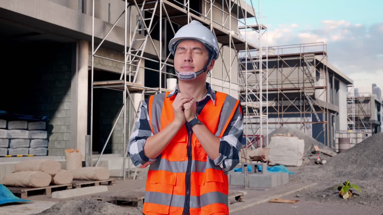 Asian Male Engineer With Safety Helmet Pray For Something While Standing At Building & Construction Site in Progress to New House