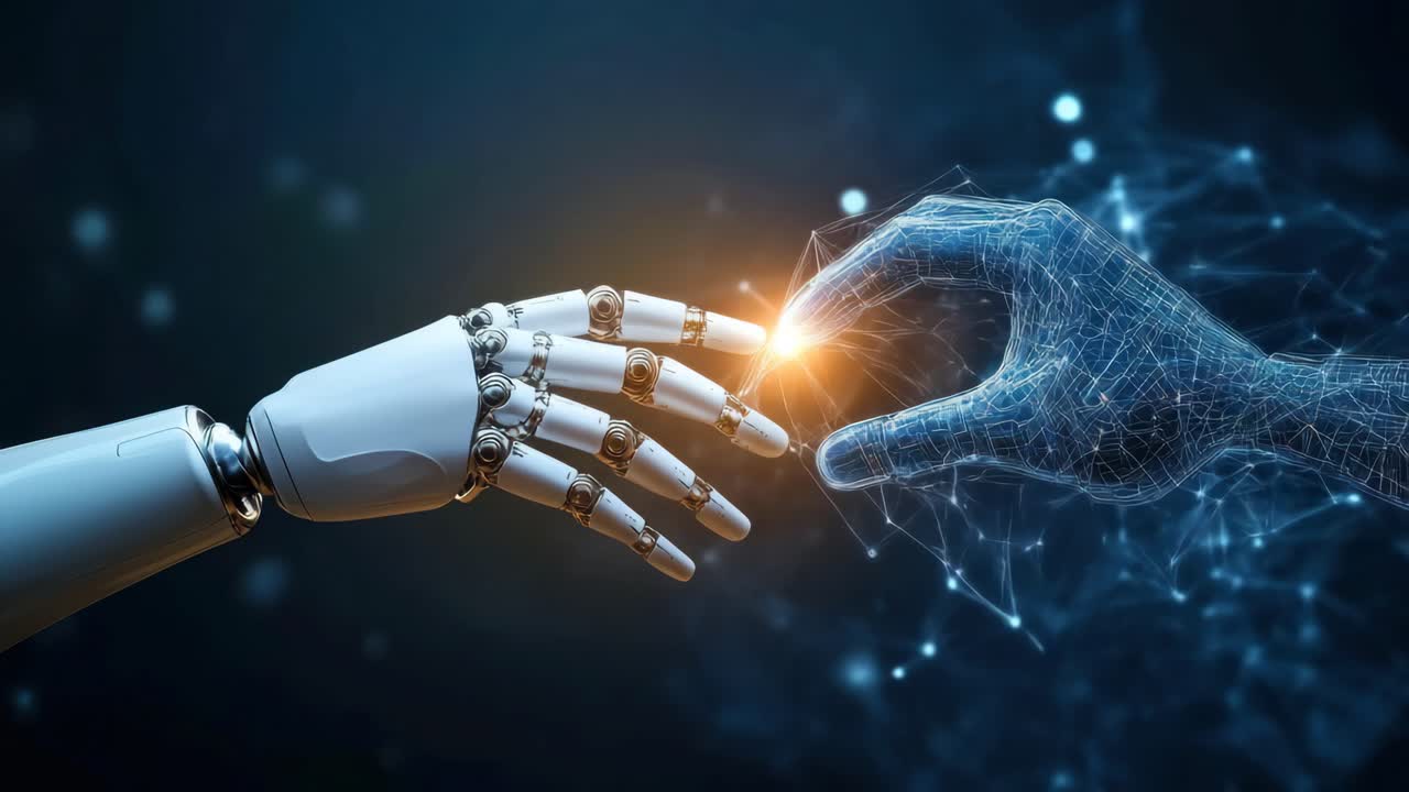 A futuristic video concept showing a robotic and digital hand reaching towards each other