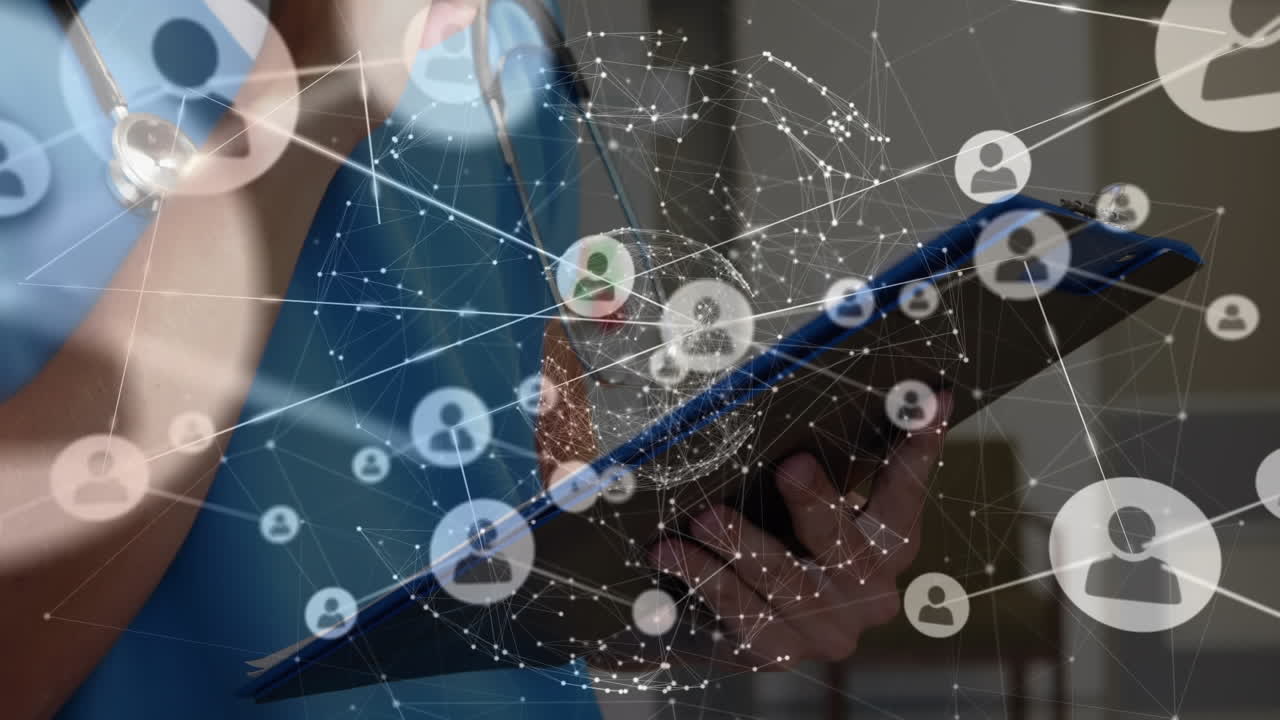 Animation of globe network of connections over caucasian female doctor using tablet
