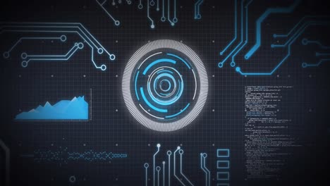 animación de escaneo de alcance y placa de circuito de computadora con procesamiento de datos