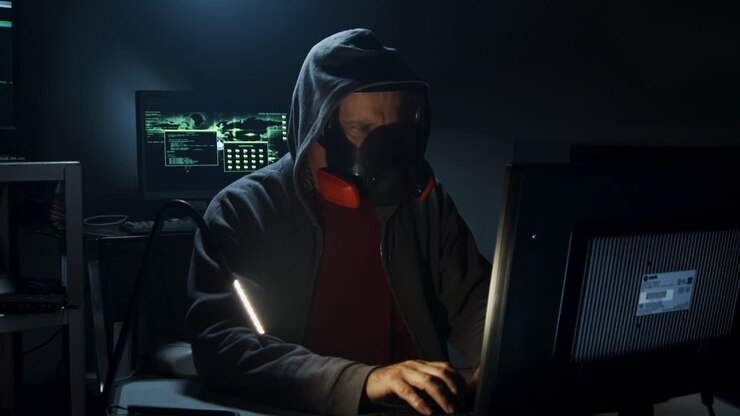 Bio-terrorista digita codice informatico indossando una maschera antigas