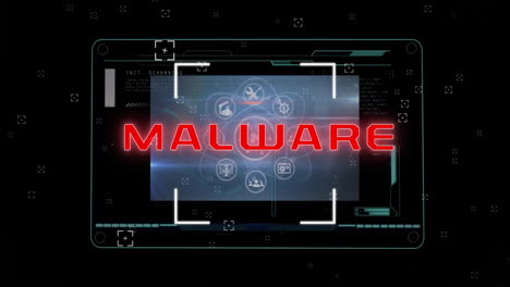 Animation of malware text over data processing on black background