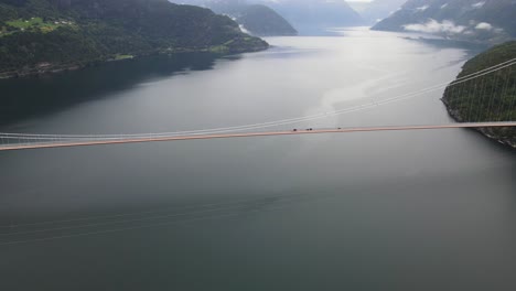 panning drone footage of hardanger bridge - one of the longest suspension bridges in the world