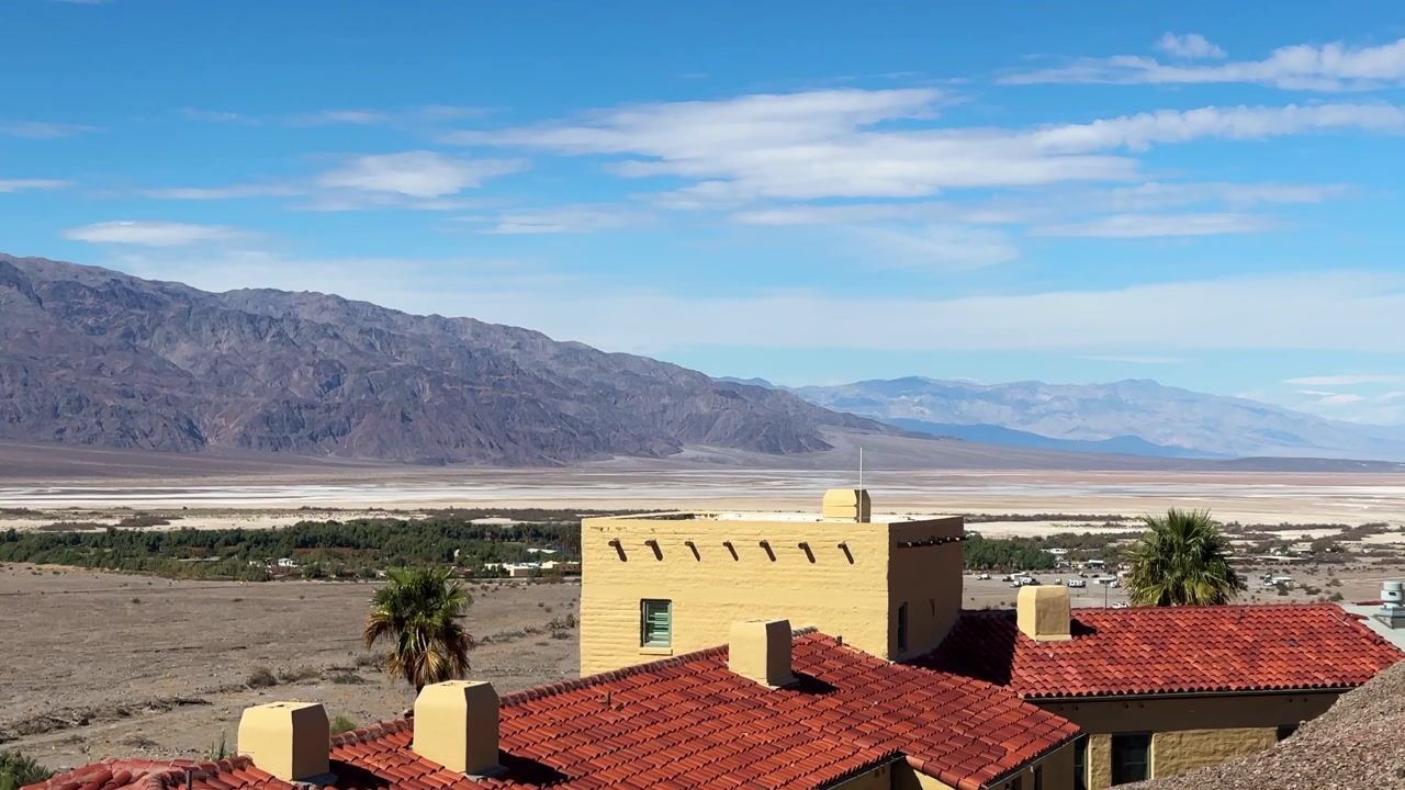 Handheld telephoto static shot of Furnace Creek from the rooftop of The Inn at Death Valley in Southern California. 4K