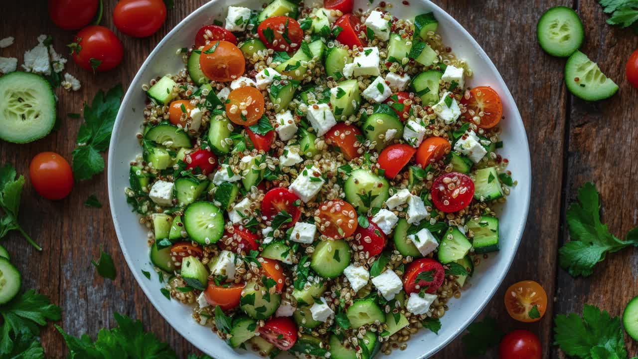 una deliciosa ensalada de quinoa con pepino, tomate y feta