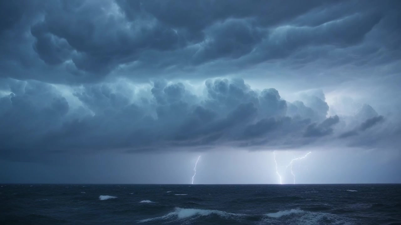 Lyn blinker fra en stormskybank og lyser opp havhorisonten under en storm, noe som får bølgene til å gløde.